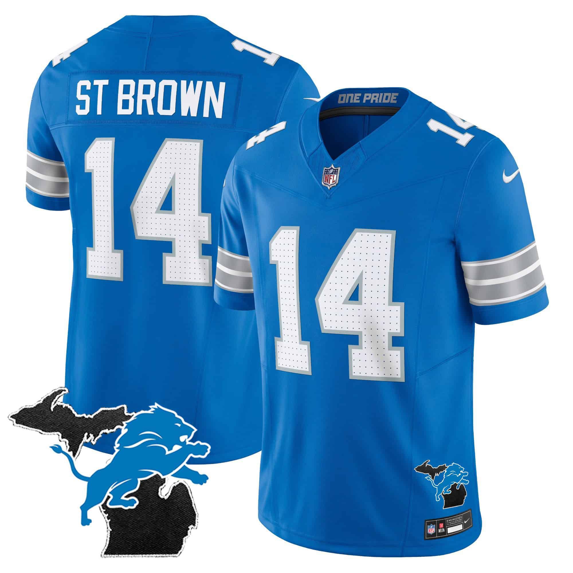 Men Detroit Lions #14 ST Brown Blue 2024 Nike Michigan Patch Vapor Limited NFL Jersey